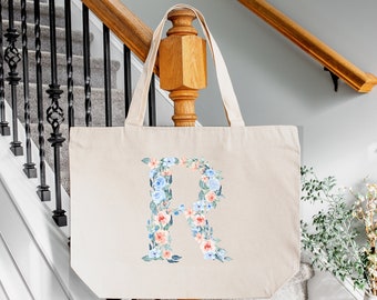 Floral Letter Canvas Tote Bag: Personalized Shopping Bag