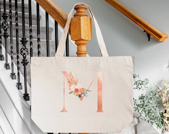 Floral Initial Tote Bag: Personalized Canvas Zipper Bag