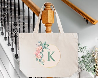 Floral Initial Tote Bag: Personalized Canvas Gift