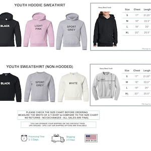 May include: Size chart for youth hoodies and sweatshirts. The chart shows the chest and length measurements in inches for sizes S, M, L, and XL. The hoodies are available in black, light pink, and sport grey. The sweatshirts are available in black, sport grey, and white.