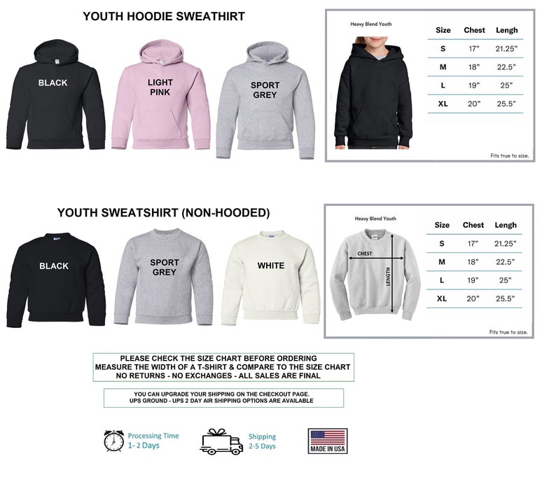 May include: Size chart for youth hoodies and sweatshirts. The chart shows the chest and length measurements in inches for sizes S, M, L, and XL. The hoodies are available in black, light pink, and sport grey. The sweatshirts are available in black, sport grey, and white.