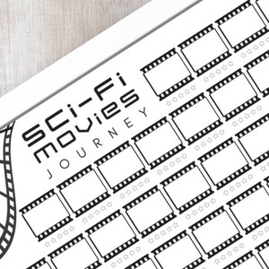 Puede incluir: Una lista de verificación imprimible para realizar un seguimiento de tu viaje de películas de ciencia ficción. La lista de verificación presenta tiras de película con espacio para escribir el título de la película y calificarla con estrellas.