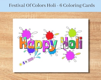 May include: A coloring card featuring the text "Happy Holi" in colorful letters with paint splatters around the text. A paint sprayer is at the bottom of the card.