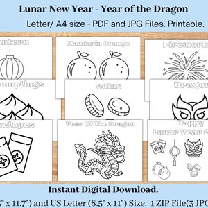 Chinese New Year Coloring Pages, Lunar year activity page for kids, Year of the Dragon Coloring pages for Preschoolers, Toddlers, Montessori