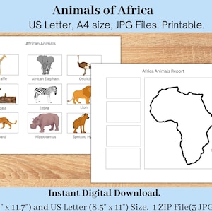 Africa Animals Report, Geography Printable for Toddlers and Pre-K, Geography Worksheet, Montessori Continent Report, Homeschool Geography