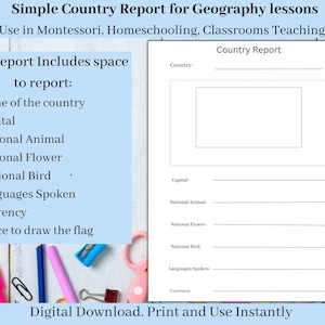 Country Study Research Project, Geography Worksheet, Country Research Worksheet, World Geography Lesson Plan, Homeschool Printable Worksheet