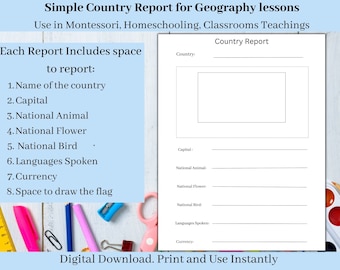 Country Study Research Project, Geography Worksheet, Country Research Worksheet, World Geography Lesson Plan, Homeschool Printable Worksheet