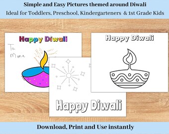 May include: Three printable coloring pages featuring a diya, a traditional oil lamp, with the text "Happy Diwali" on each page. The diya is decorated with colorful patterns and a flame.