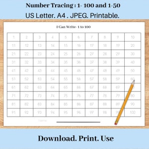 Printable Numbers 1-50, 1-100 Tracing Worksheets for Preschool Kindergarten Homeschool, Numbers 1 to 100 Tracing, Number Tracing Printables