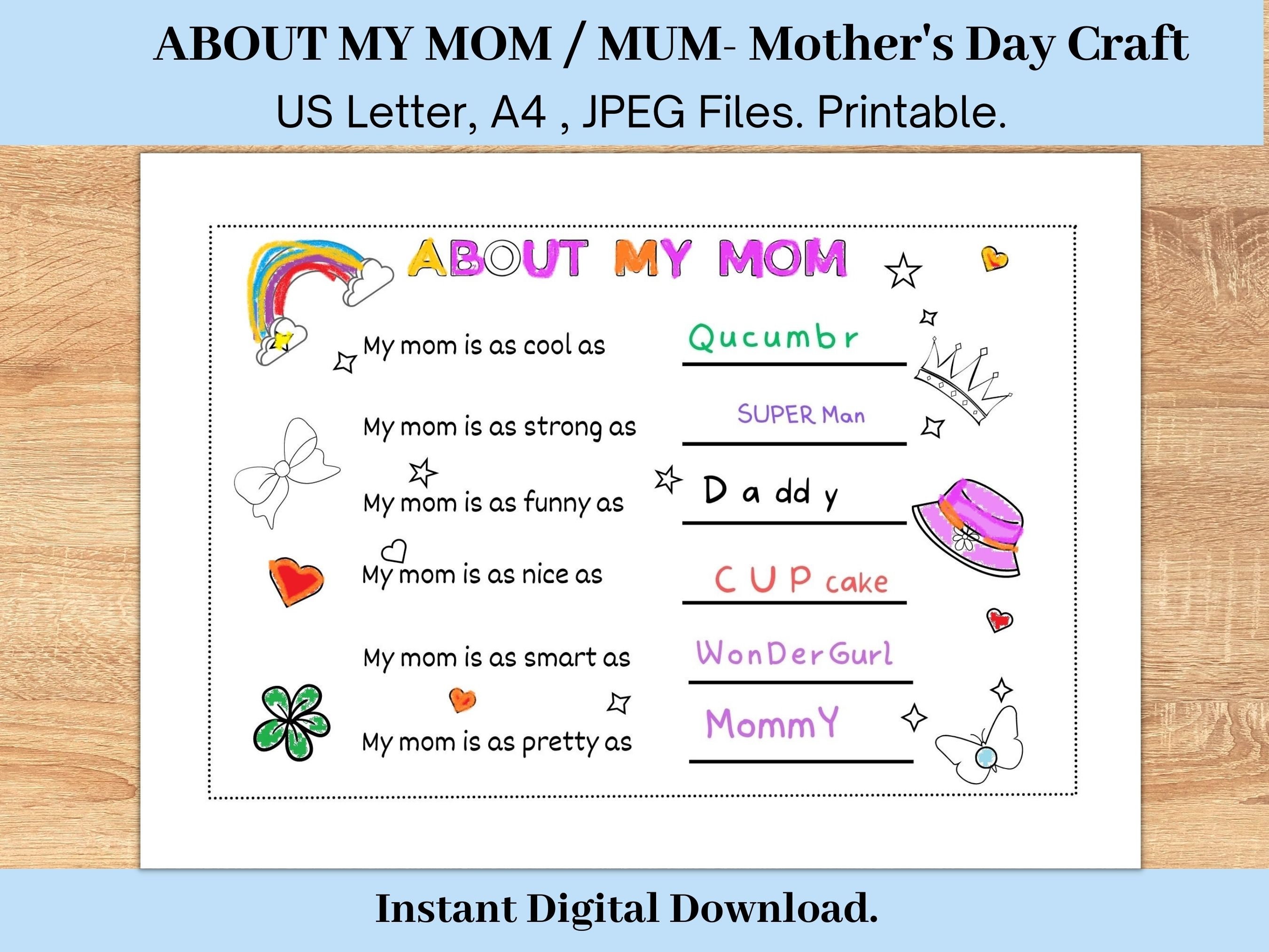 About My Mom Printable Activity for Kids, Mother's Day School Activity ...