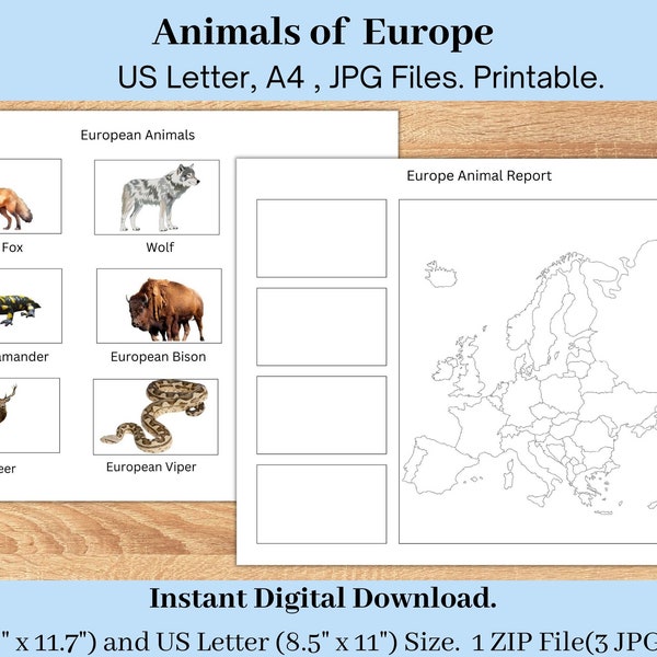 Europe Animal Report, Geography Printable for Toddlers Pre-K, Geography Worksheet, Montessori Continent Report,  Homeschool Geography