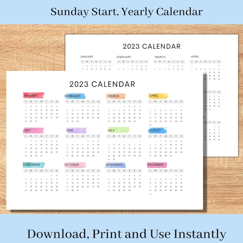 2023 Year Calendar Printable, 1 Page Digital Download, Pastel Color