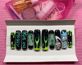 Rick and Morty press on nails  (hand painted and reusable)