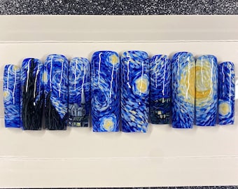 Starry Night press on nails  (hand painted and reusable)