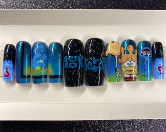 Rock Bottom Spongebob press on nails  (hand painted and reusable)