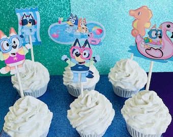 Bluey summer, pool party, summer, summer vibes, beach party, blue, Bluey cake topper, summer birthday