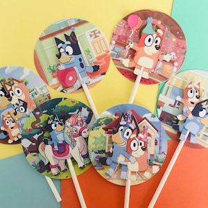bluey,bluey cupcake toppers, blue dog, bluey summer, summer vibes, pool party, birthday decorations, cupcake toppers