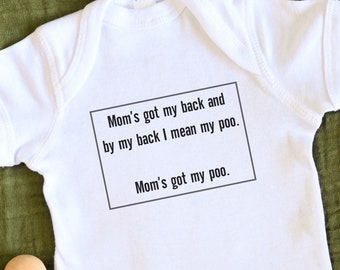 Mom's Got My Back baby bodysuit, funny baby bodysuit, funny baby gift, cute baby shower gift, sassy baby outfit, baby outfit