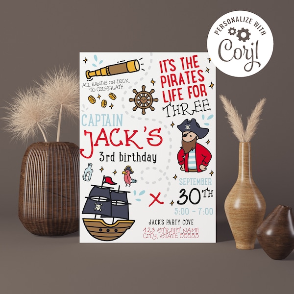 Editable Pirates Life for Three Birthday Invitation, Digital Template INSTANT DOWNLOAD, Boy 3rd Birthday Invite, Pirate Theme Invitation 5x7