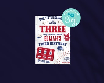 Editable Stealing Third Birthday Invitation, Digital Template INSTANT DOWNLOAD, Boy 3rd Birthday Invite, Baseball Theme Invitation 5x7