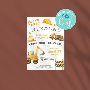 Editable Digging Being One Birthday Invitation Digital Template INSTANT DOWNLOAD Boy Birthday Invitation, Construction Theme Invitation, 5x7