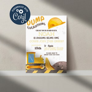 Editable Digging Being One Birthday Invitation Digital Template INSTANT DOWNLOAD Boy Birthday Invitation, Construction Theme Invitation, 5x7