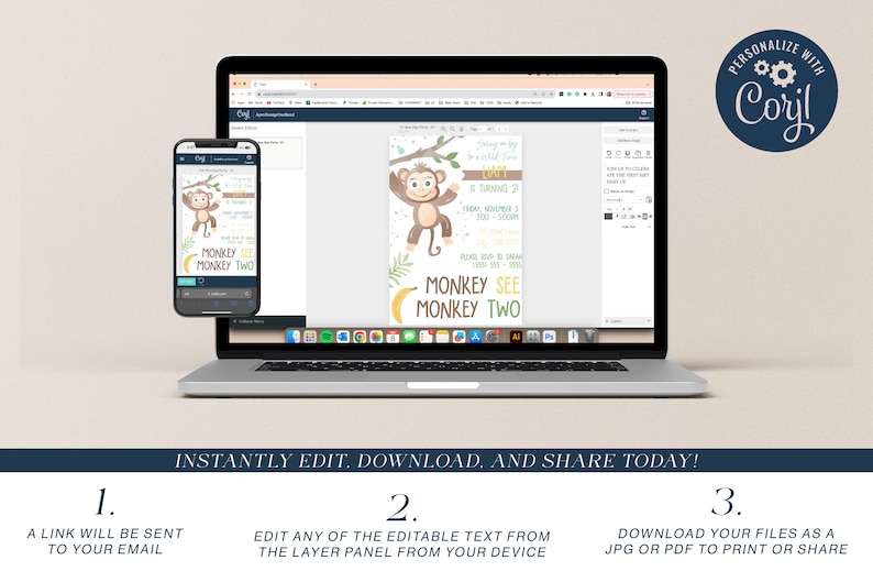 Editable Monkey See Monkey Two Birthday Invite Digital Template INSTANT ...