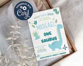 Convite de aniversário editável One-A-Saurus, modelo digital DOWNLOAD INSTANTÂNEO Convite de aniversário de menino dinossauro Convite com tema de dinossauro, 5x7