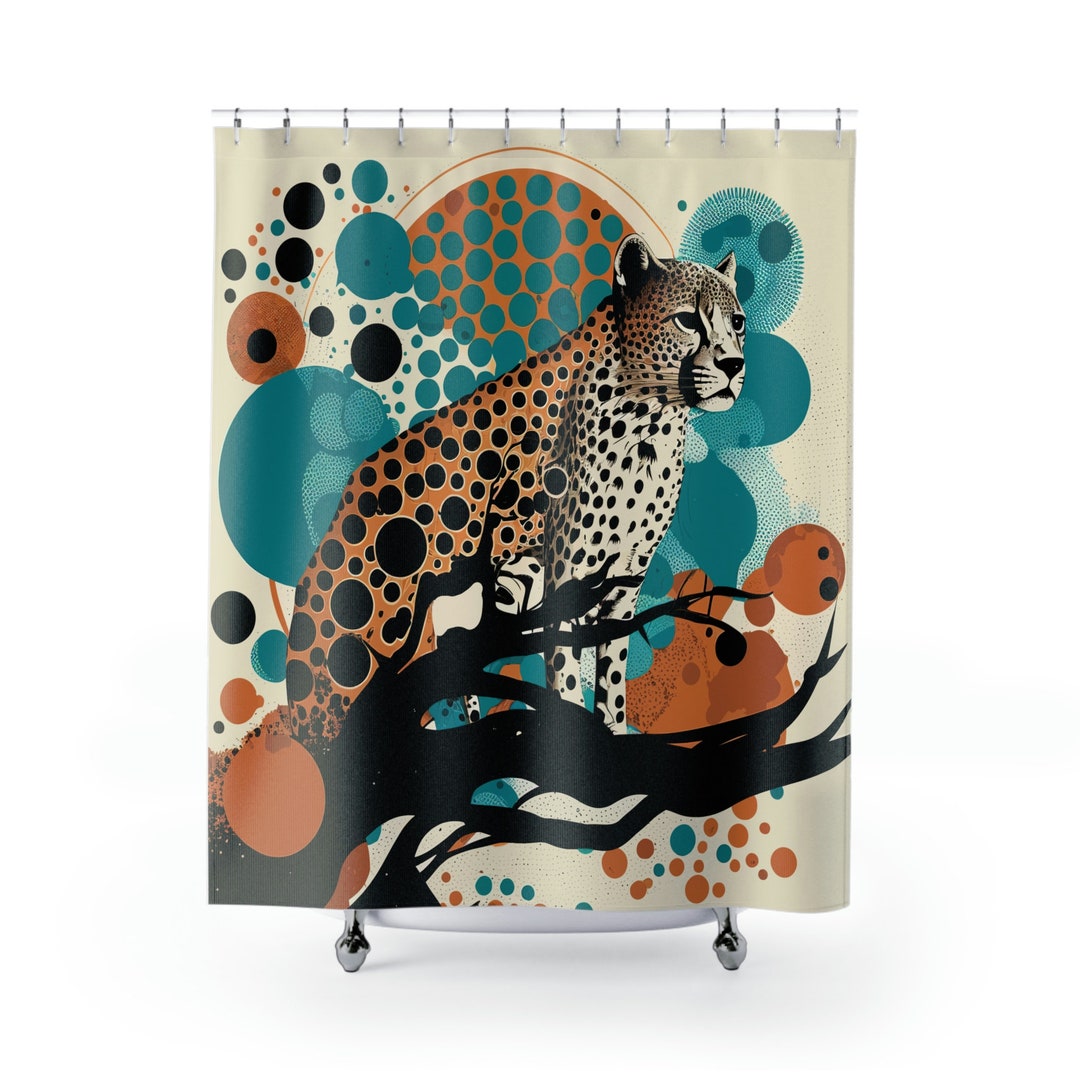 Modern Wild Animals Shower Curtain, Leopard on a Tree, Wildcat