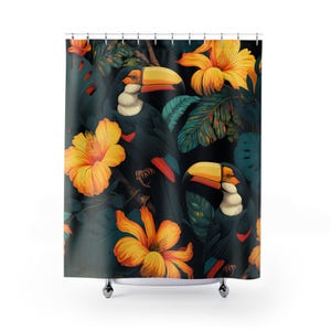 Two Toucan Birds In The Midst of Blooming Flowers - Polyester Shower Curtain