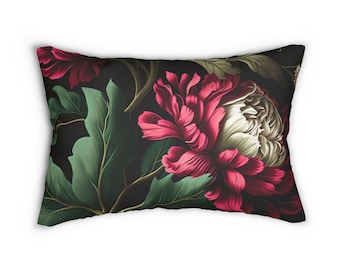Red Peony Lumbar Pillow: Dark Botanical Floral Home Decor