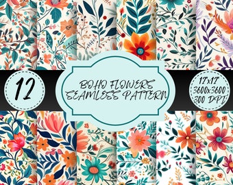 Boho Flowers Floral Digital Paper Pack Boho PNG Instant Download Bohemian Chic Art Scrapbooking Supplies Printable Papers