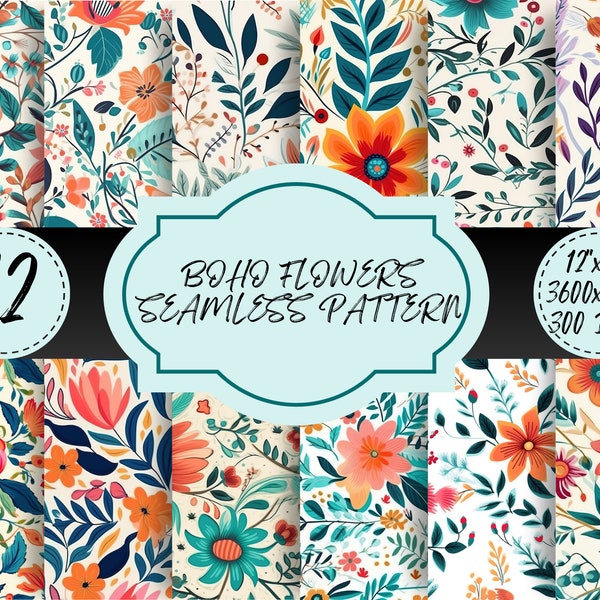 Boho Flowers Floral Digital Paper Pack Boho PNG Instant Download Bohemian Chic Art Scrapbooking Supplies Printable Papers
