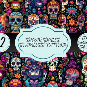 Pode incluir: Um conjunto de 12 padrões digitais sem costura que apresentam caveiras de açúcar coloridas com desenhos florais sobre um fundo preto. Os padrões medem 43 cm x 43 cm e 300 DPI.