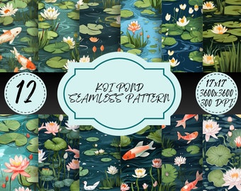 Koi Pond Seamless Pattern Japanese Water Garden Digital Download Serene Aquatic Backgrounds Captivating Zen-Inspired Designs Tile