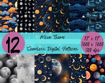 Moon Theme Pattern Digital Paper Seamless Design Celestial Night AI Art Gift Wrapping Scrapbooking Download