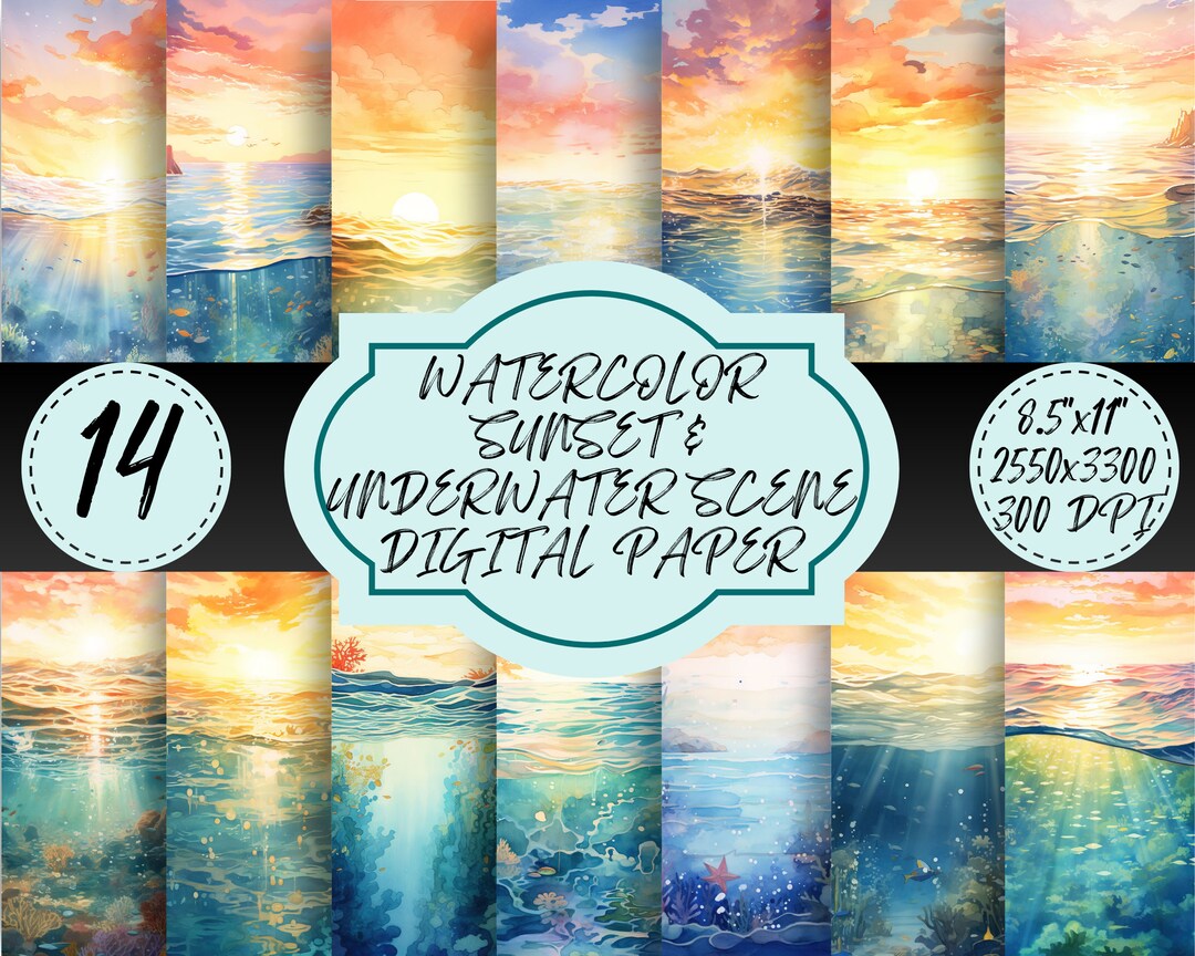 Watercolor Sunset Underwater Ocean Digital Paper Coastal Nature Designs ...