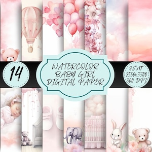 Carta digitale ragazza acquerello adorabile neonato Baby Shower Gender Reveal Nursery Junk Journal Scrap Prenotazione Download immediato stampabile