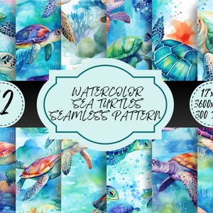 May include: A set of 12 watercolour seamless patterns featuring sea turtles swimming in a blue ocean with coral reefs. The patterns are 17 inches by 17 inches and 300 DPI.