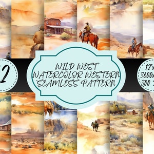 Watercolor Western Rustic Cowboy Theme Digital Paper Pack Vintage Wild West Pattern Cowboy Scrapbook Supplies Western-Themed Craft