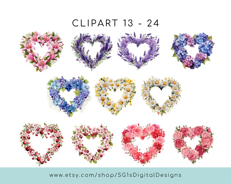 Heart Flower Wreath Clipart Romantic Floral Design Digital Download ...