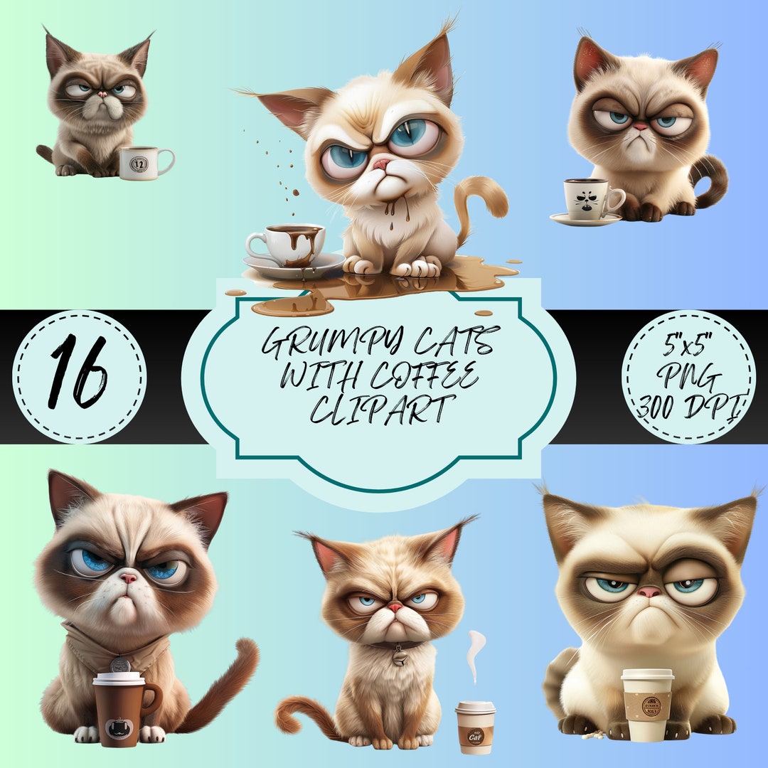Grumpy Cat Drinking Coffee Kitty Cat Kitten Digital Download Clipart ...