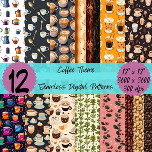 Coffee Theme Digital Paper Seamless Design Cafe Beans Mugs AI Art Gift Wrapping Scrapbooking Coffee Lover Digital Download