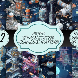 Anime Space Station Seamless Pattern Galactic Sci-Fi Designs Digital Download Cosmic Backgrounds Journey into Interstellar Space
