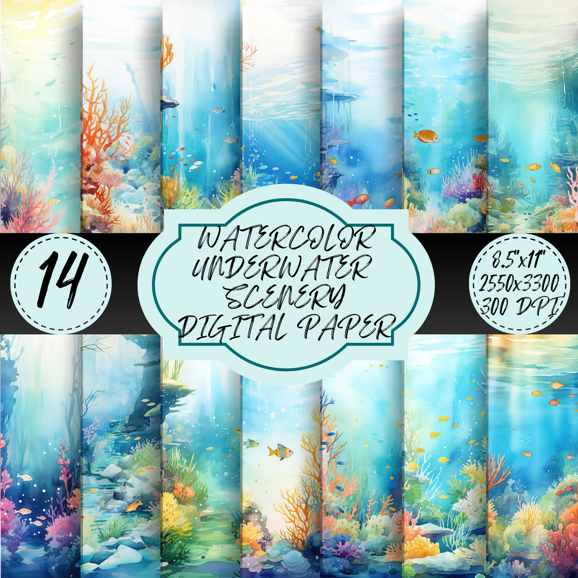 Underwater Ocean Scene Digital Paper Watercolor Theme Download Sea Backgrounds PNG Under the Sea Bundle Scrapbooking Junk Journal Wall Decor