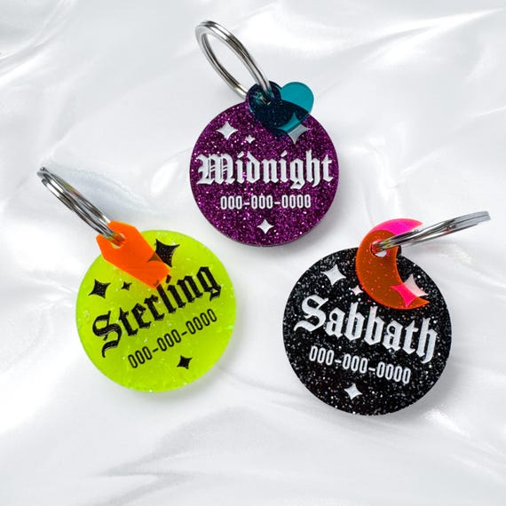 Gothic Full Moon Pet Tag: Custom Engraved Acrylic Halloween Cat & Dog ID