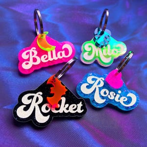 Groovy Glitter Acrylic Pet Tag – Custom Personalized Dog & Cat ID Tag – Iridescent Engraved Name Tag with Charm – Sparkly Pet Accessories