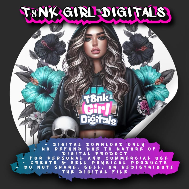 Pu&ograve; includere: Stampa d'arte digitale raffigurante una donna con lunghi capelli ondulati con una felpa con cappuccio nera con la scritta "T8nk Girl Digitals". L'immagine include un teschio e elementi floreali turchesi e neri. Testo: "Solo download digitale".