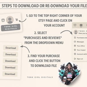Pu&ograve; includere: Una guida per il download digitale con istruzioni su come scaricare file da Etsy. La guida include passaggi numerati con frecce che puntano all'icona dell'account Etsy, al menu "Acquisti e recensioni" e al pulsante di download. &Egrave; presente anche un adesivo con una donna e un teschio.