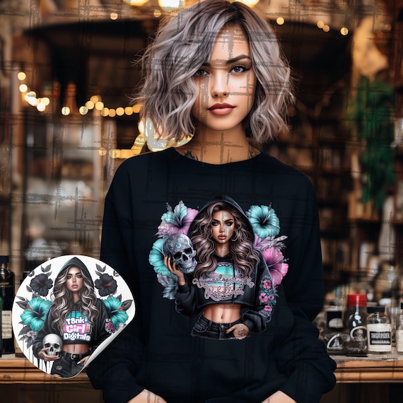 Unapologetically Rebellious - Tattooed Gothic Girl with Sugar Skull & Hibiscus | Beach Grunge Digital Design